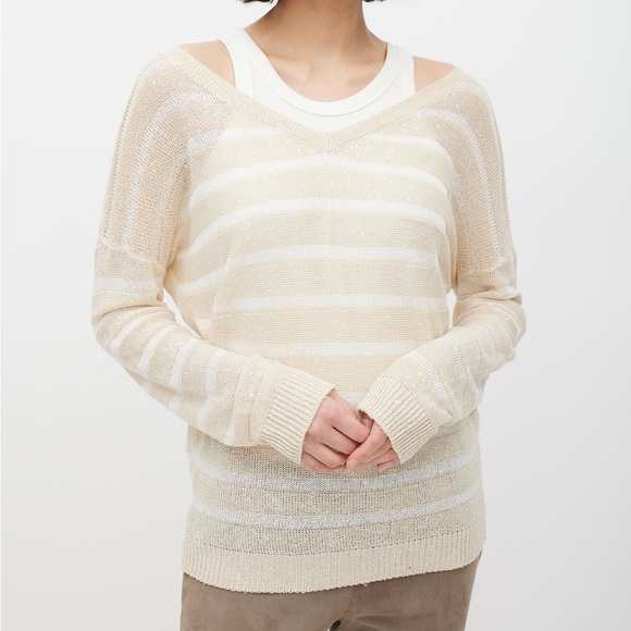 Brunello Cucinelli Beige Knit Striped Sequin Sweater - Picture 5 of 6